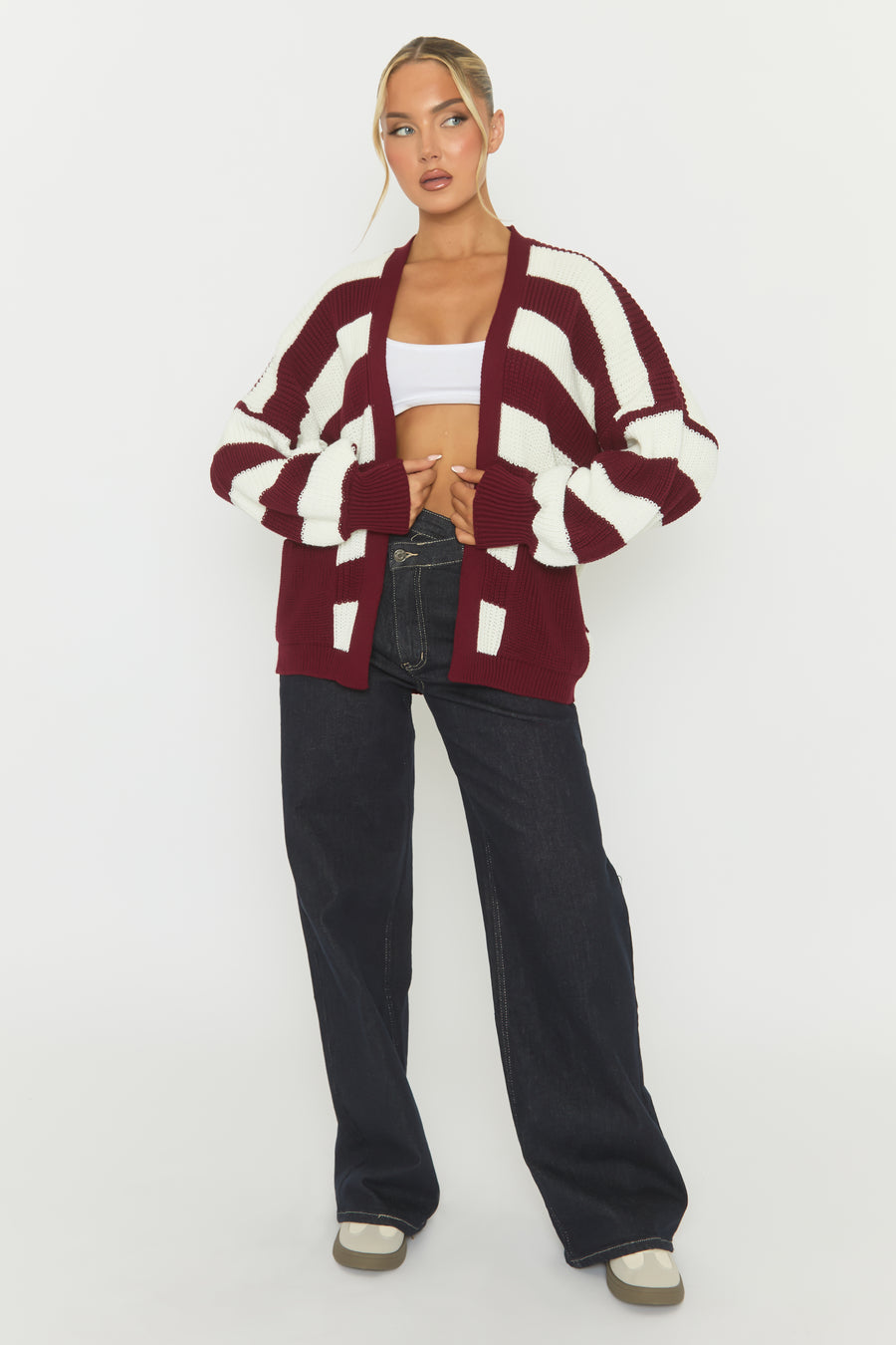 Wine Stripe Balloon Sleeve Knit Cardigan - Elvia