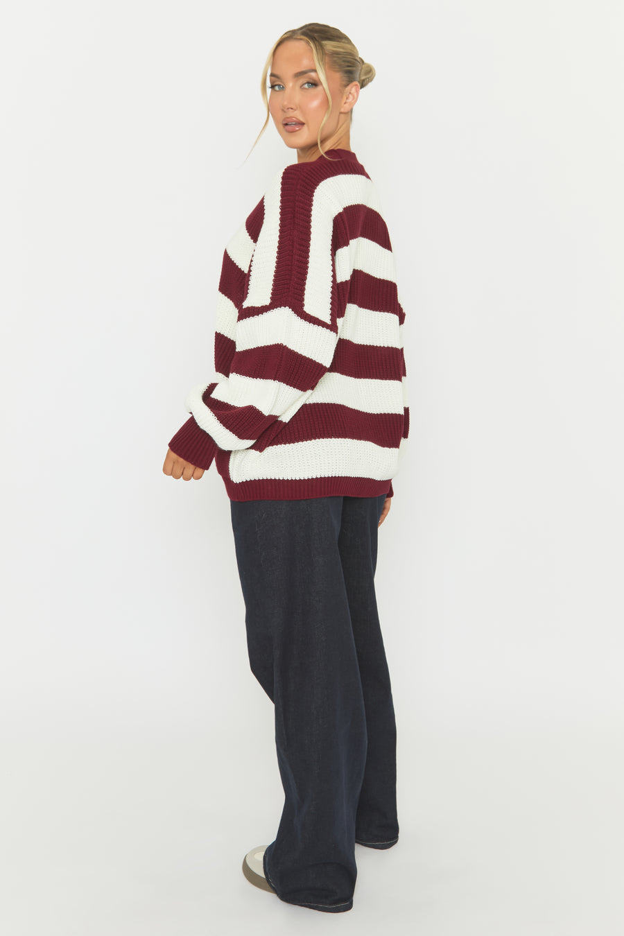 Wine Stripe Balloon Sleeve Knit Cardigan - Elvia