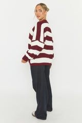 Wine Stripe Balloon Sleeve Knit Cardigan - Elvia