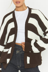 Chocolate Stripe Balloon Sleeve Knit Cardigan - Elvia