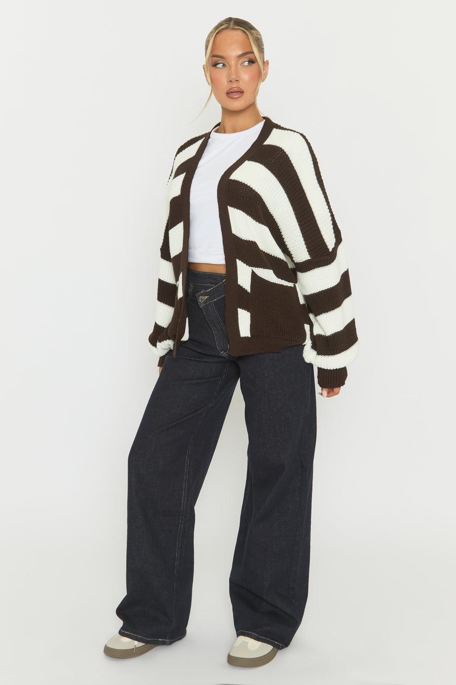 Chocolate Stripe Balloon Sleeve Knit Cardigan - Elvia