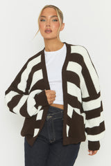 Chocolate Stripe Balloon Sleeve Knit Cardigan - Elvia