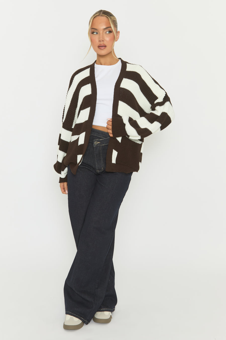 Chocolate Stripe Balloon Sleeve Knit Cardigan - Elvia