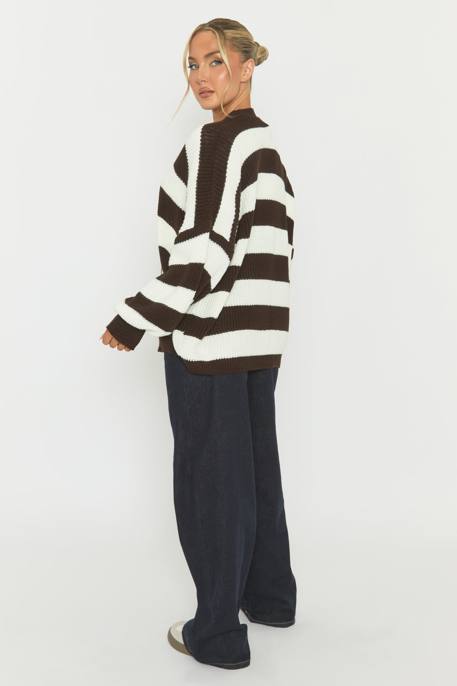 Chocolate Stripe Balloon Sleeve Knit Cardigan - Elvia