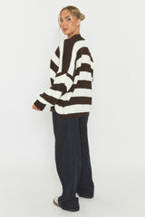 Chocolate Stripe Balloon Sleeve Knit Cardigan - Elvia