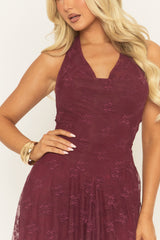 Wine Lace Cowl Dip Waist Mini Dress - Trudee