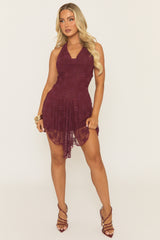 Wine Lace Cowl Dip Waist Mini Dress - Trudee