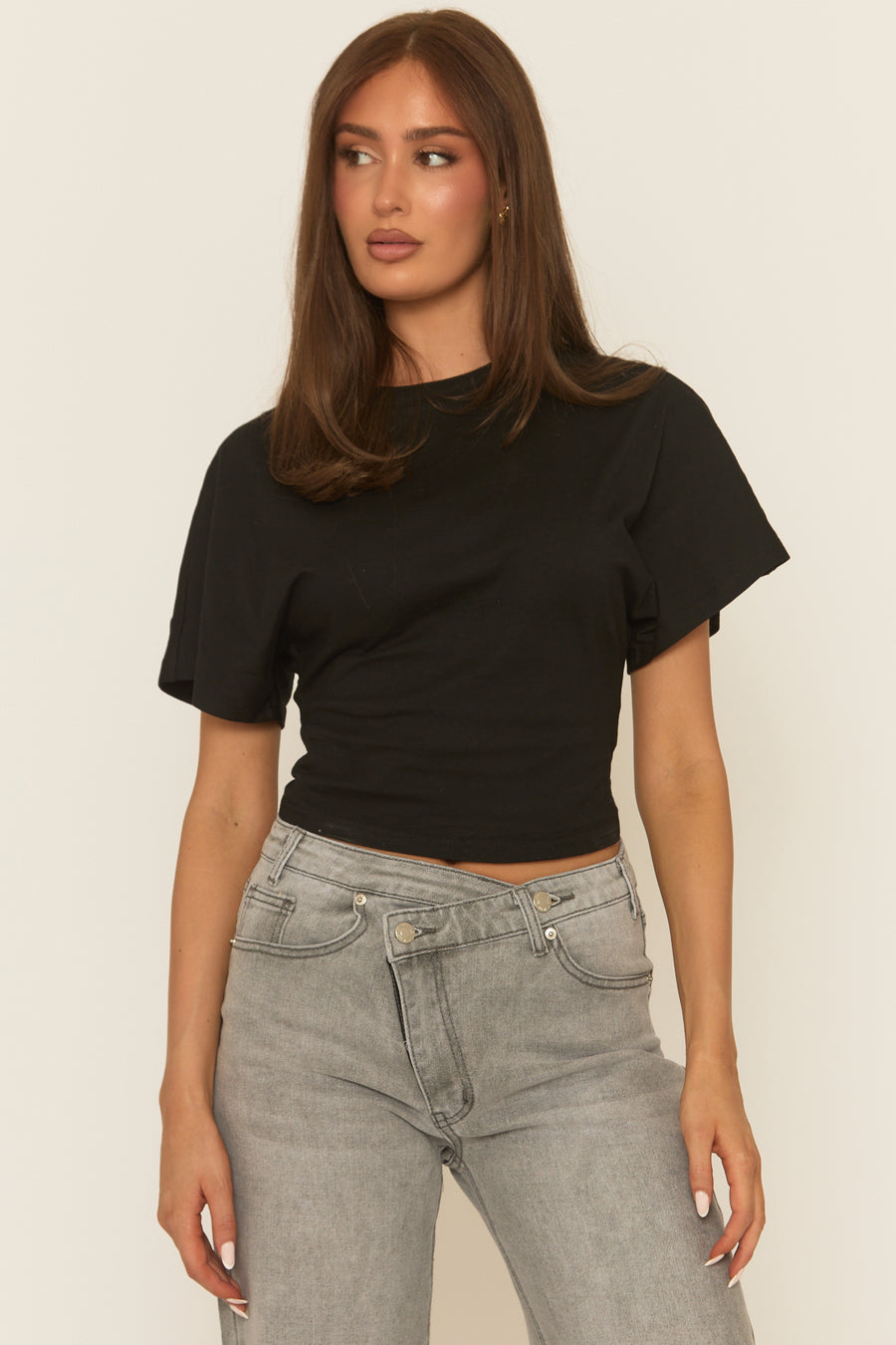 Black Short Sleeve Cinched Waist T-Shirt - Hilde