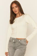 Cream Popper Detail Cinched Waist Knit Cardigan - Marida