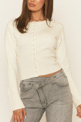 Cream Popper Detail Cinched Waist Knit Cardigan - Marida