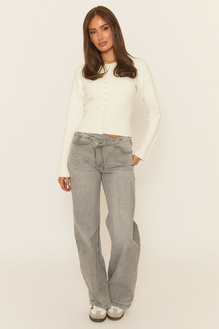 Cream Popper Detail Cinched Waist Knit Cardigan - Marida