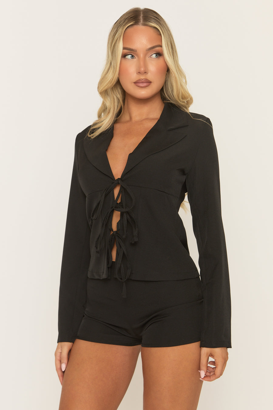 Black Tie Front Corset Shirt And Micro Short Co-ord Set - Rayne