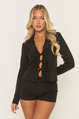 Black Tie Front Corset Shirt And Micro Short Co-ord Set - Rayne