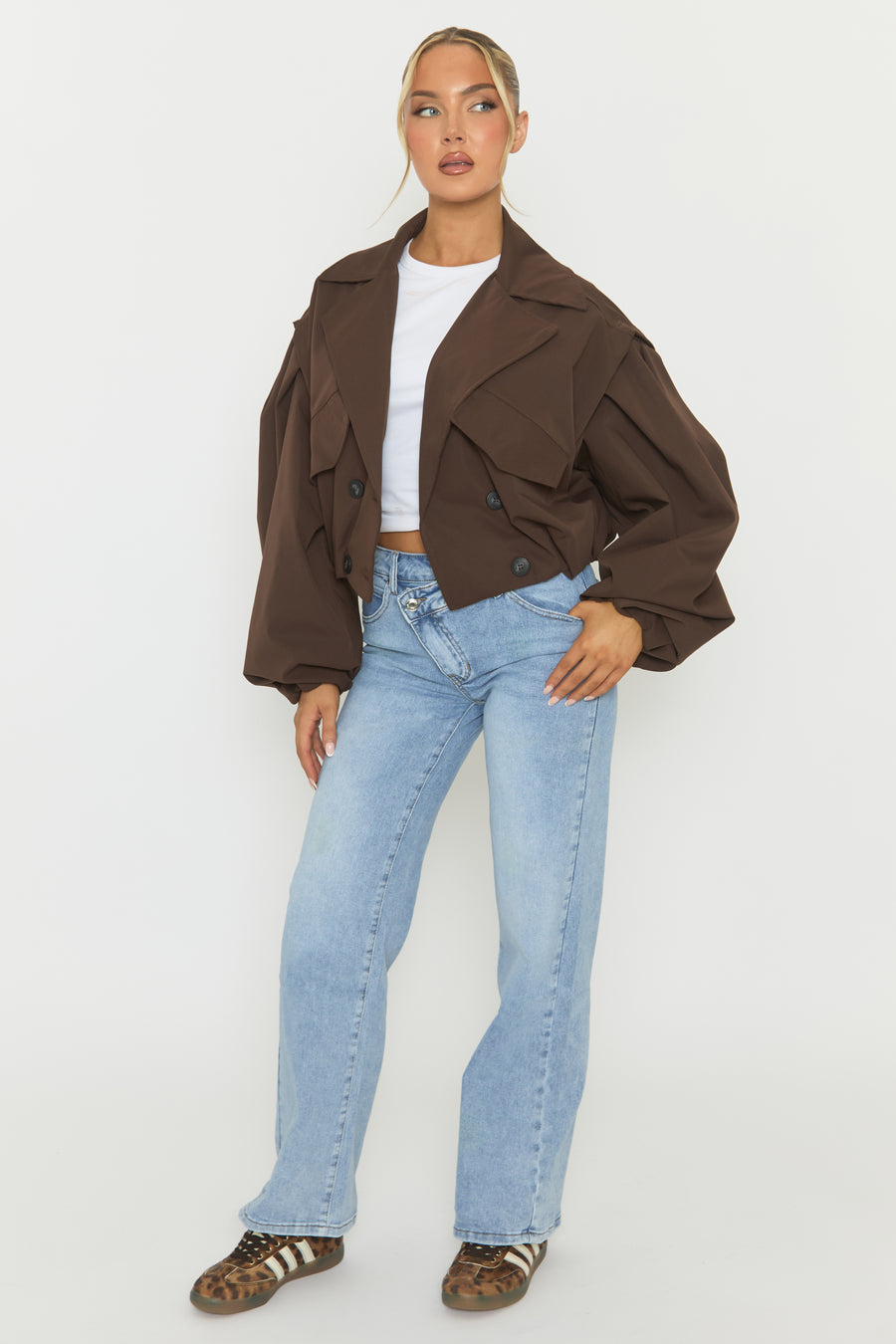 Chocolate Double Breasted Cropped Trench Coat - Kienna