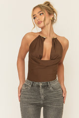 Chocolate Gold Trim Cowl Neck Bodysuit - Irella