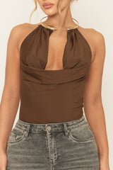 Chocolate Gold Trim Cowl Neck Bodysuit - Irella