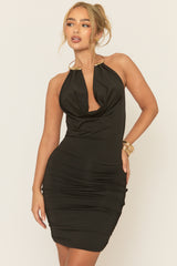 Black Gold Trim Cowl Neck Ruched Mini Dress - Aarle