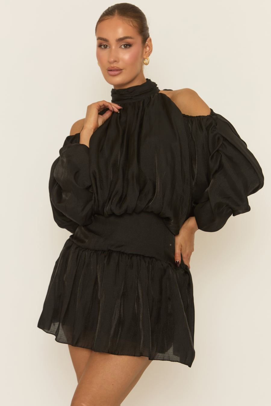 Black Cut Out Shoulder Ruffle Mini Dress - Mirianna