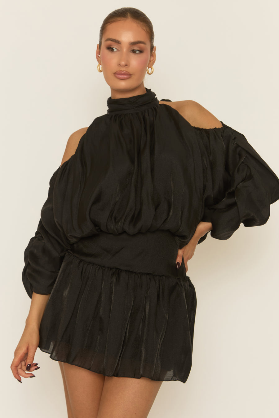 Black Cut Out Shoulder Ruffle Mini Dress - Mirianna