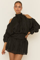 Black Cut Out Shoulder Ruffle Mini Dress - Mirianna