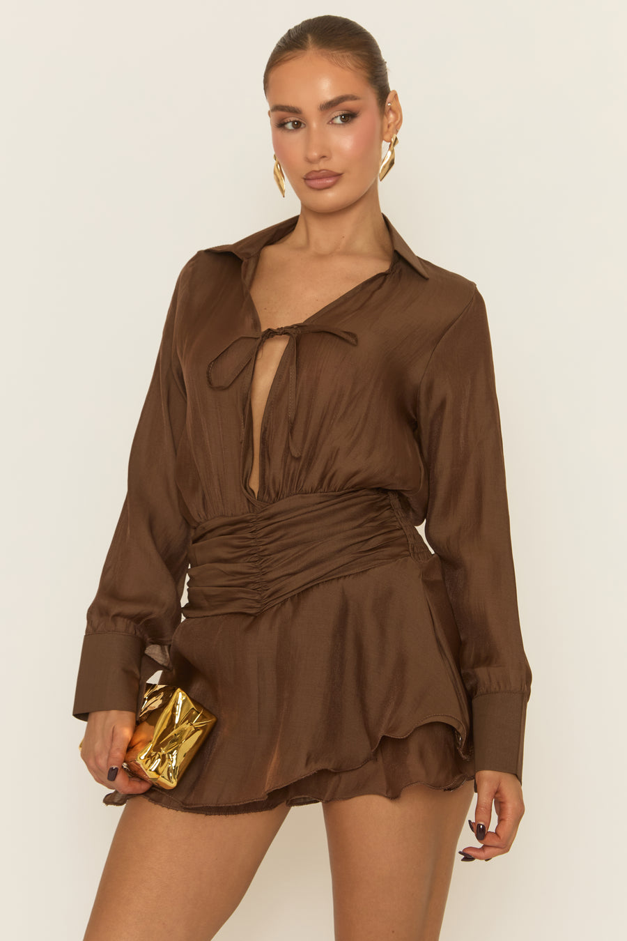 Chocolate Brown Ruffle Hem Skort Playsuit - Kensley