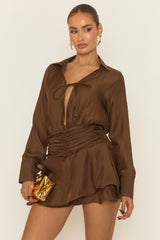 Chocolate Brown Ruffle Hem Skort Playsuit - Kensley