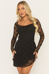 Black Lace Long Sleeve Asymmetric Mini Dress - Randal