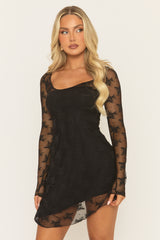 Black Lace Long Sleeve Asymmetric Mini Dress - Randal