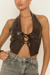 Brown PU Lace Front Corset Top - Harlea