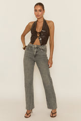 Brown PU Lace Front Corset Top - Harlea