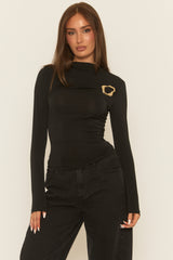 Black Draped Gold Trim Top - Barilee
