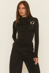 Black Draped Gold Trim Top - Barilee