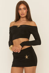 Black Bardot Top and Mini Skirt Co-ord Set - Nareen