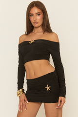 Black Bardot Top and Mini Skirt Co-ord Set - Nareen