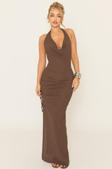 Brown Textured Cowl Neck Maxi Dress - Toray