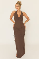 Brown Textured Cowl Neck Maxi Dress - Toray