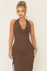 Brown Textured Cowl Neck Maxi Dress - Toray