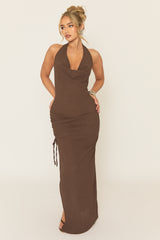Brown Textured Cowl Neck Maxi Dress - Toray