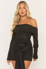 Black Bardot Tie Waist Mini Dress - Elarie