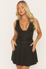 Black Plunge Neck Skater Dress - Ishana