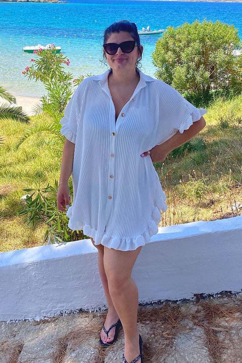 plisse frill hem shirt dress White Plisse Detail Frill Hem Oversized Dress | Dresses