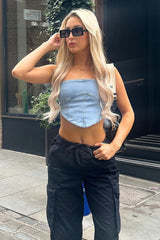 Light Blue Denim Bandeau Corset Detail Cropped Top - Sanvi
