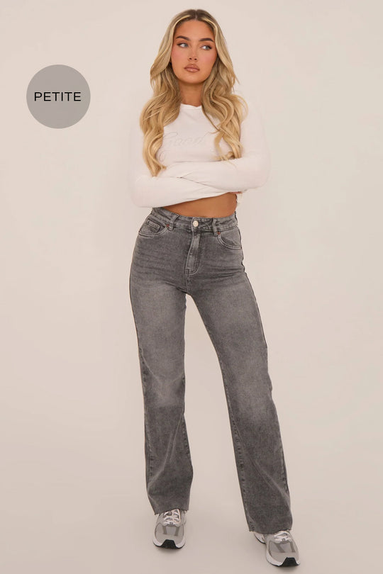 Petite Grey Stretch Straight Leg Frayed Hem Jeans - Scarlett