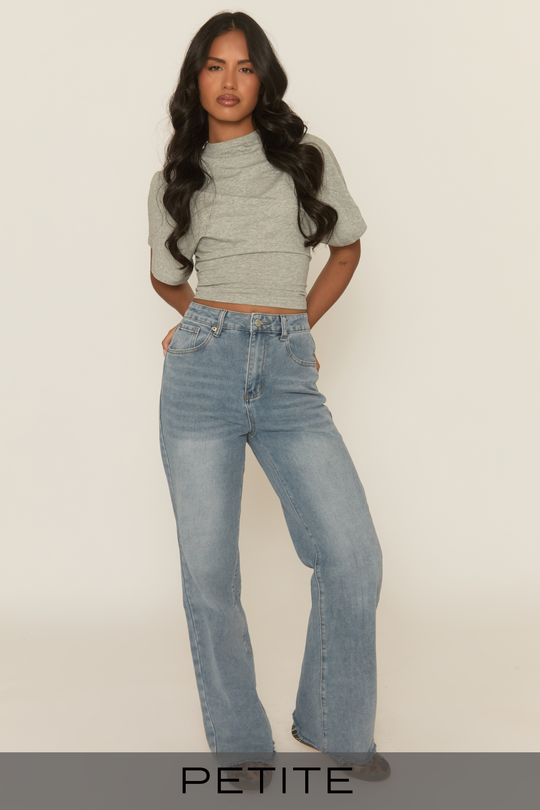 Petite Mid Blue Washed Stretch Straight Leg Jeans - Scarlett