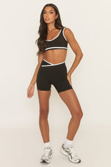 Black Contrast Piping Sports Bra and Cycling Short Activewear Set - Shauny
