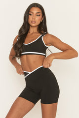 Black Contrast Piping Sports Bra and Cycling Short Activewear Set - Shauny