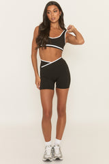 Black Contrast Piping Sports Bra and Cycling Short Activewear Set - Shauny