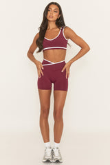Wine Contrast Piping Sports Bra and Cycling Short Activewear Set - Shauny