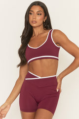 Wine Contrast Piping Sports Bra and Cycling Short Activewear Set - Shauny