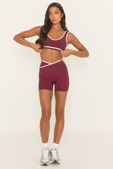 Wine Contrast Piping Sports Bra and Cycling Short Activewear Set - Shauny